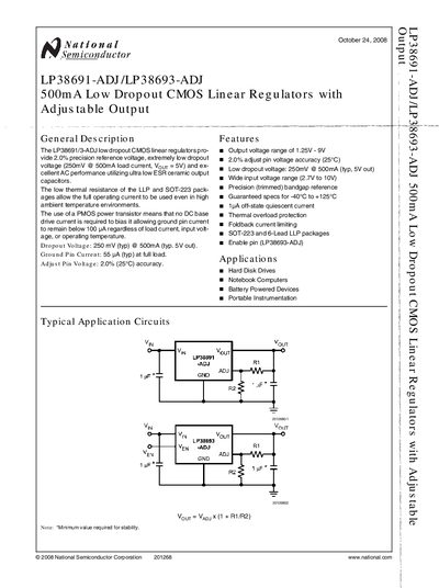 National Semiconductor LP38691-ADJ / LP38693-ADJ Adjustable Low Dropout Linear Regulator Datasheet - cover page