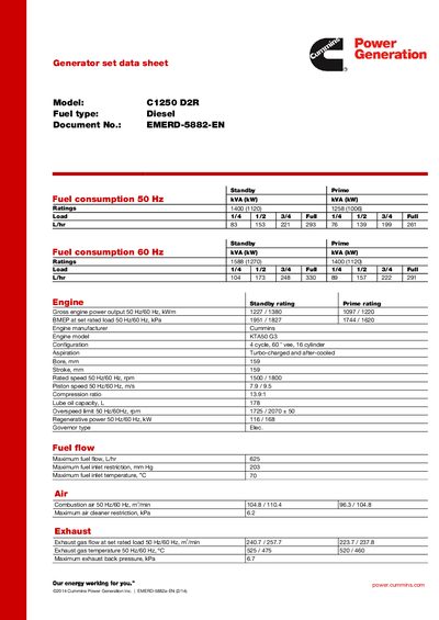 Cummins C1250 D2R Generator Set Data Sheet - cover page