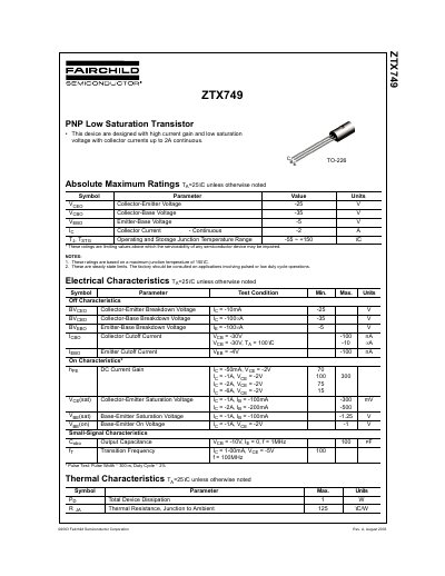 Fairchild ZTX749 PNP Low Saturation Transistor Datasheet