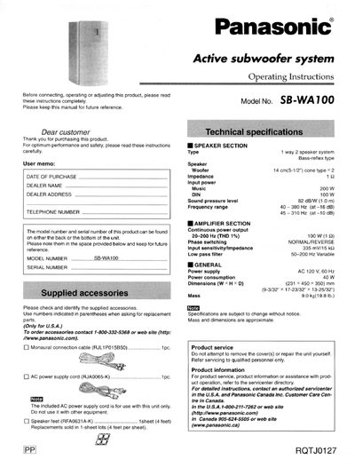 Panasonic SB-WA100 Active Subwoofer Operating Instructions - cover page