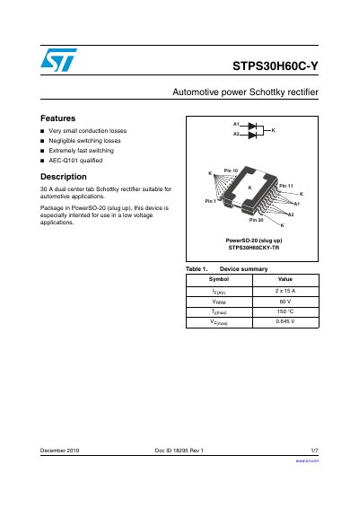 STMicroelectronics STPS30H60C-Y Automotive Power Schottky Rectifier Datasheet