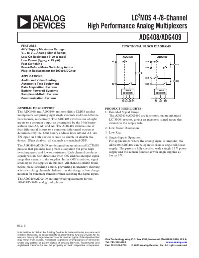 Analog Devices ADG408/ADG409 High Performance Analog Multiplexers Datasheet - cover page
