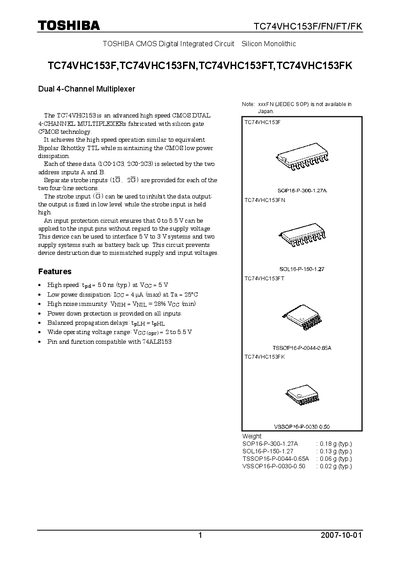 TOSHIBA TC74VHC153F TC74VHC153FN TC74VHC153FT TC74VHC153FK Manual - cover page