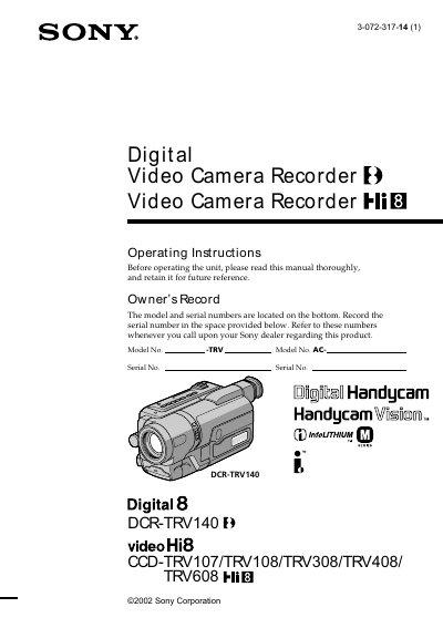 Sony DCR-TRV140/107/108/308/408/608 Camcorder User Manual