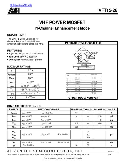 ASI VFT15-28 VHF Power MOSFET Datasheet - cover page