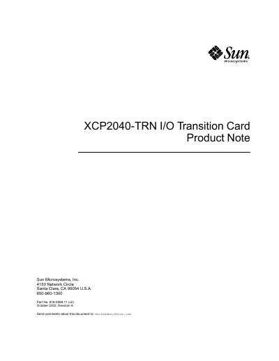 Sun XCP2040-TRN I/O Transition Card Product Note - cover page