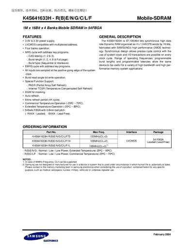 Samsung K4S641633H Mobile SDRAM Datasheet - cover page