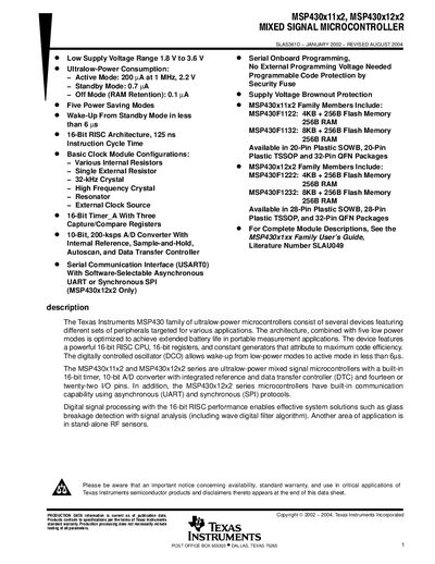 Texas Instruments MSP430x11x2/MSP430x12x2 Mixed Signal Microcontroller Datasheet
