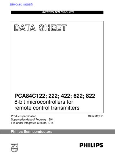 Philips PCA84C122; 222; 422; 622; 822 8-bit Microcontrollers Data Sheet - cover page