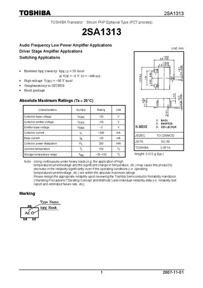 Toshiba 2SA1313 Datasheet - cover page