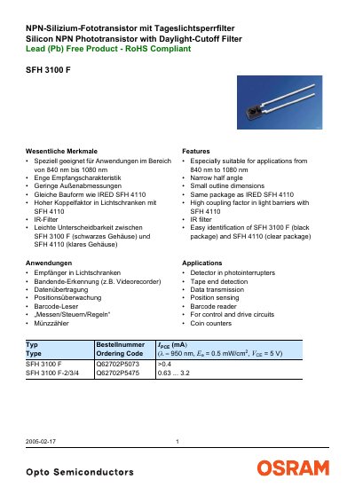 OSRAM SFH 3100 F Phototransistor Datasheet - cover page