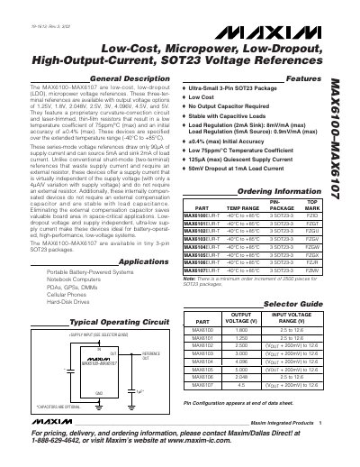 MAXIM MAX6100 MAX6107 Low-Cost Micropower Low-Dropout High-Output-Current SOT23 Voltage References handbook - cover page