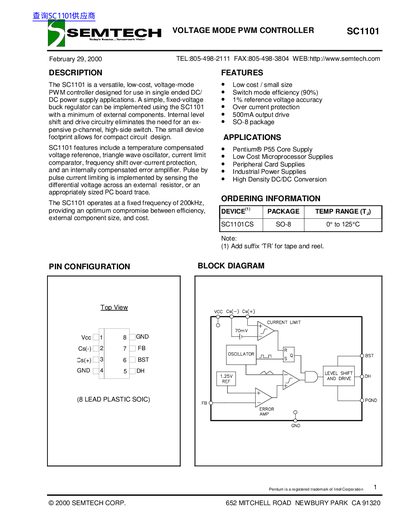 Semtech SC1101 Voltage Mode PWM Controller Datasheet - cover page