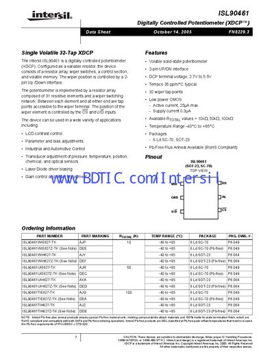 Intersil ISL90461 Digitally Controlled Potentiometer Datasheet - cover page