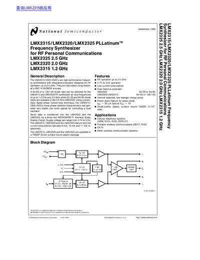 National Semiconductor LMX2315/LMX2320/LMX2325 PLLatinum Frequency Synthesizer Datasheet - cover page