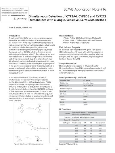Varian LC/MS Application Note #16 Simultaneous Detection of CYP3A4, CYP2D6 and CYP2C9 Metabolites with a Single Sensitiv - cover page