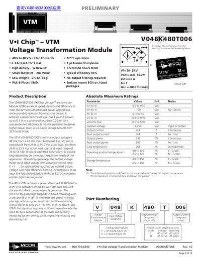 Vicor V048K480T006 Vel Chip Voltage Transformation Module Datasheet - cover page