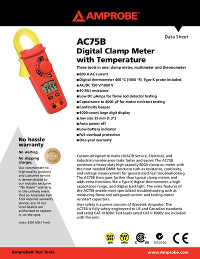 Amprobe AC75B Digital Clamp Meter with Temperature Data Sheet - cover page