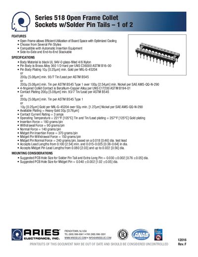 Aries Series 518 Open Frame Collet Sockets with Solder Pin Tails Datasheet