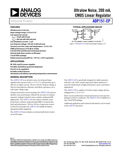 Analog Devices ADP151-EP Ultralow Noise Linear Regulator Datasheet