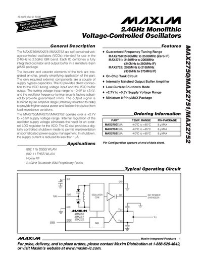 Maxim MAX2750/MAX2751/MAX2752 Voltage-Controlled Oscillator Datasheet - cover page
