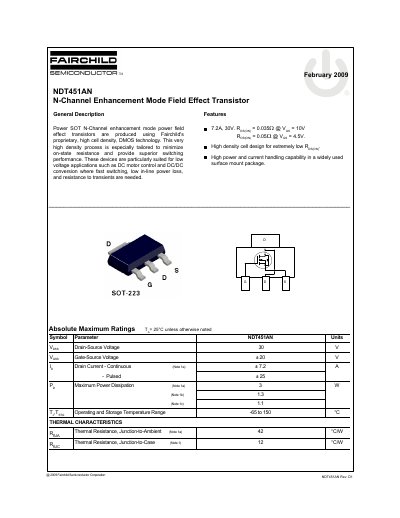 Fairchild Semiconductor NDT451AN N-Channel Enhancement Mode Field Effect Transistor Datasheet - cover page