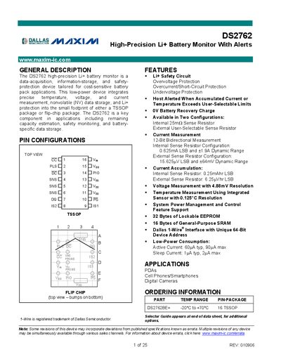Maxim DS2762 High-Precision Li+ Battery Monitor With Alerts Datasheet - cover page