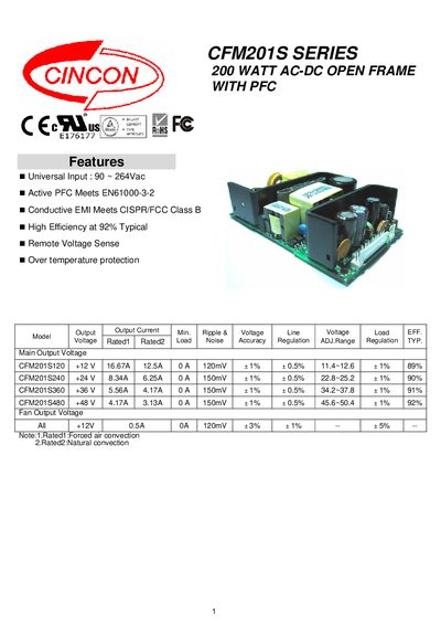 CINCON CFM201S SERIES 200 WATT AC-DC OPEN FRAME WITH PFC Manual - cover page