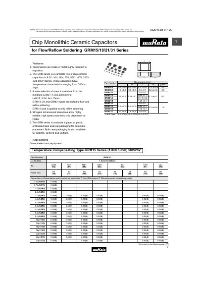 Murata GRM15/18/21/31 Series Chip Monolithic Ceramic Capacitors Catalog - cover page