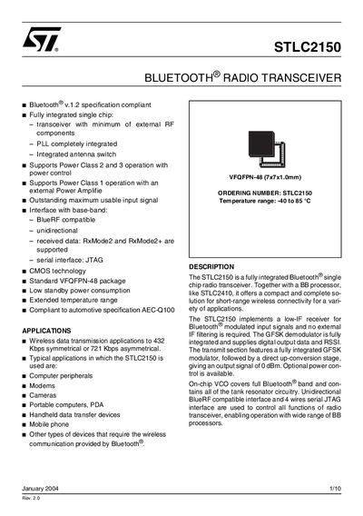 STMicroelectronics STLC2150 Bluetooth Radio Transceiver Datasheet - cover page