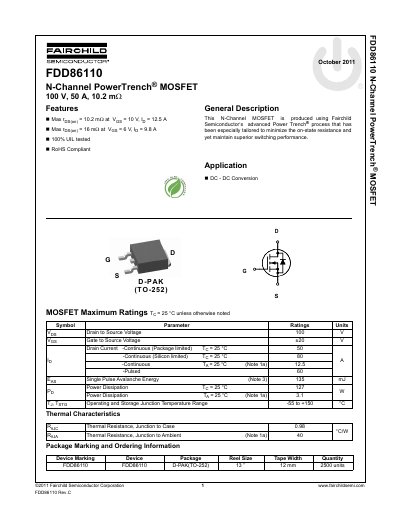 Fairchild FDD86110 N-Channel PowerTrench MOSFET Datasheet - cover page