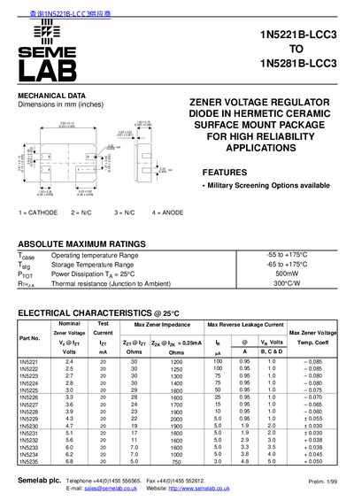 Semelab 1N5221B-LCC3 to 1N5281B-LCC3 Diode Datasheet - cover page