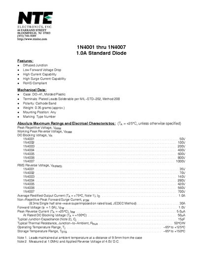 NTE 1N4001 thru 1N4007 Diode Datasheet - cover page