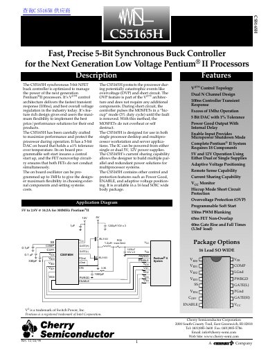 cherry semiconductor CS5165H Fast Precise 5-Bit Synchronous Buck Controller for the Next Generation Low Voltage Pentium II Processors handbook