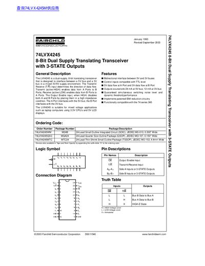 FAIRCHILD 74LVX4245 8-Bit Dual Supply Translating Transceiver with 3-STATE Outputs handbook - cover page