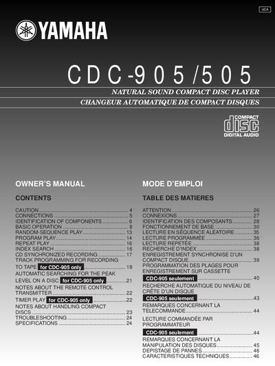 Yamaha CDC-905/505 Natural Sound Compact Disc Player Owner's Manual - cover page