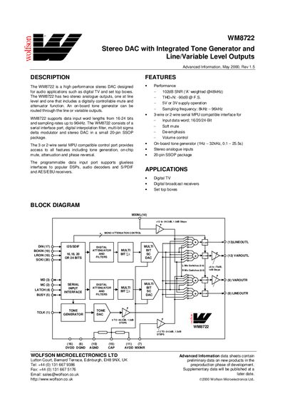 Wolfson WM8722 Stereo DAC Advanced Information Datasheet - cover page