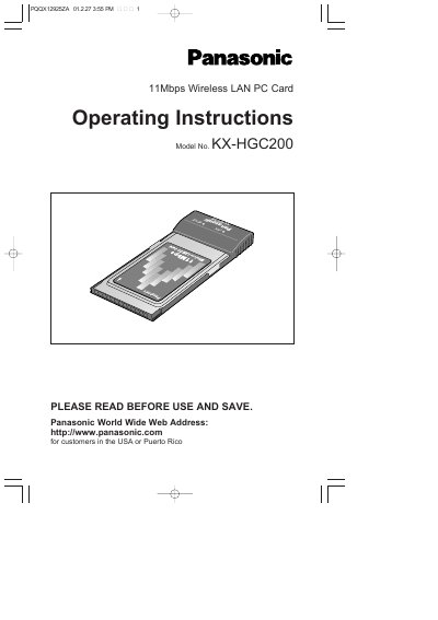 Panasonic KX-HGC200 11Mbps Wireless LAN PC Card Operating Instructions - cover page