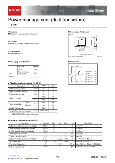 ROHM VT6X1 Dual Transistor Data Sheet - cover page