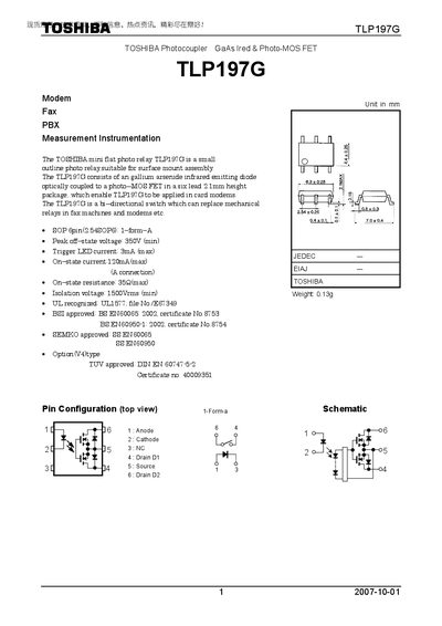 Toshiba TLP197G Photocoupler Datasheet - cover page