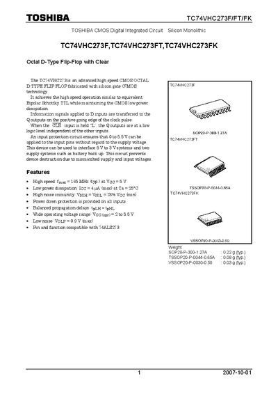 TOSHIBA TC74VHC273F TC74VHC273FT TC74VHC273FK Manual - cover page
