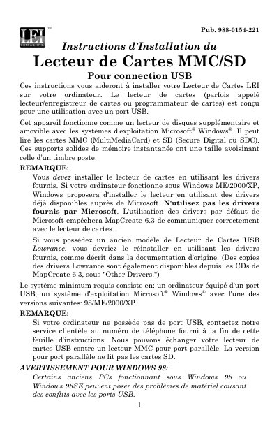 LEI MMC/SD USB Card Reader Installation Instructions - cover page