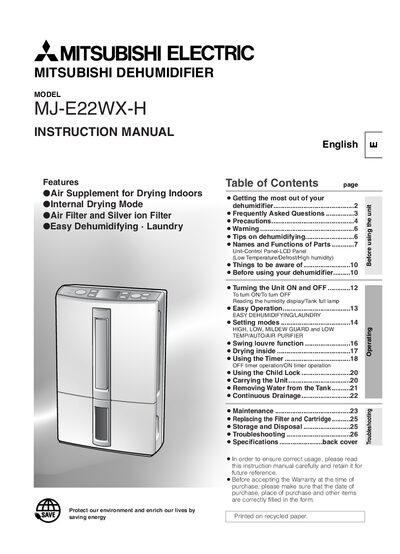 Mitsubishi Electric MJ-E22WX-H Dehumidifier Instruction Manual