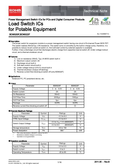 ROHM BD6520F / BD6522F Power Management Switch IC Technical Note - cover page