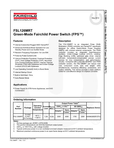 Fairchild Semiconductor FSL126MRT PWM Controller Datasheet - cover page