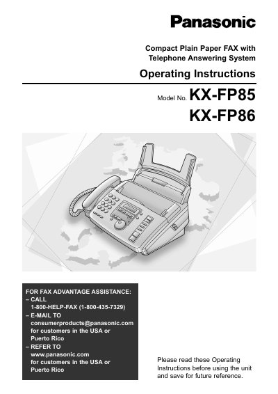 Panasonic KX-FP85/KX-FP86 Compact Plain Paper FAX with Telephone Answering System Operating Instructions - cover page