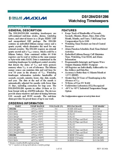 Maxim DS1284/DS1286 Watchdog Timekeeper Datasheet - cover page