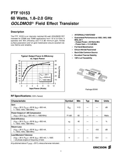 Ericsson PTF 10153 Field Effect Transistor Datasheet - cover page
