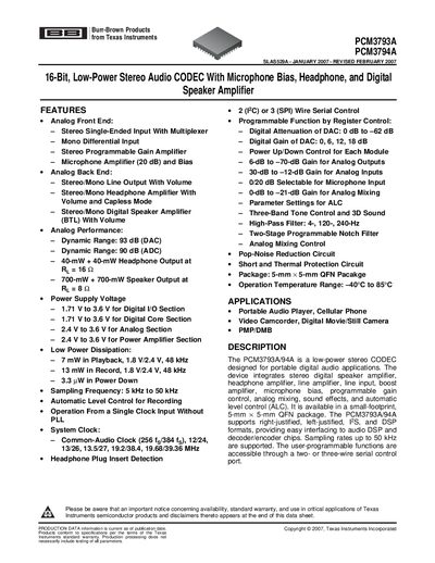 Texas Instruments PCM3793A/PCM3794A Audio CODEC Data Sheet - cover page