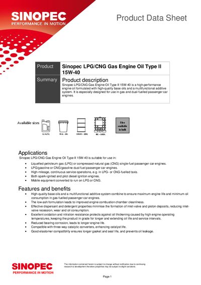 Sinopec LPG/CNG Gas Engine Oil Type II 15W-40 Product Data Sheet - cover page